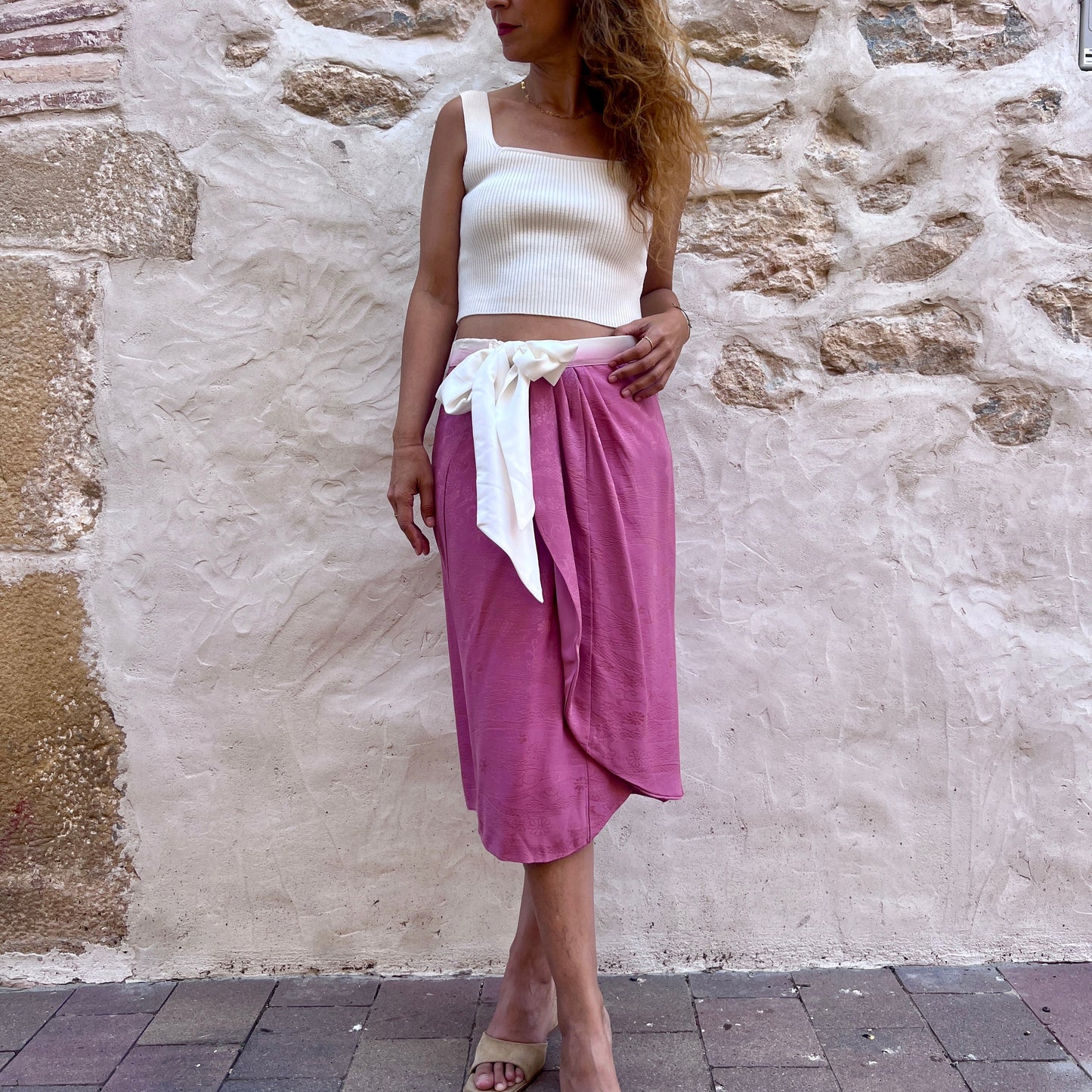 Sakura – Falda de seda hecha de kimono rosa hecha a mano